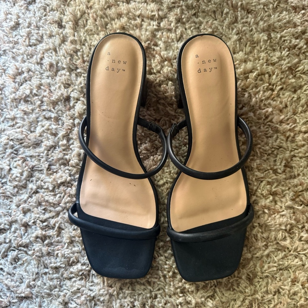 Black block heel strappy snake skin